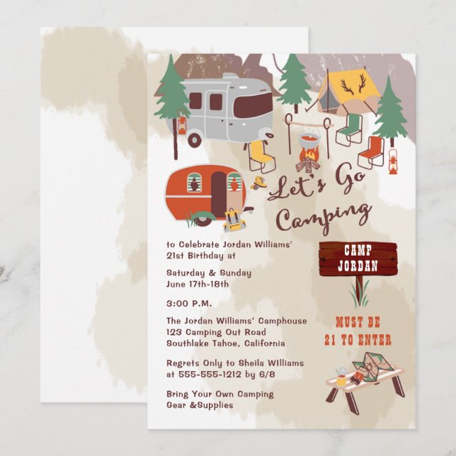 Rustic Woodsy Lets Go Camping 21st Birthday Party Invitation (Front/Back)