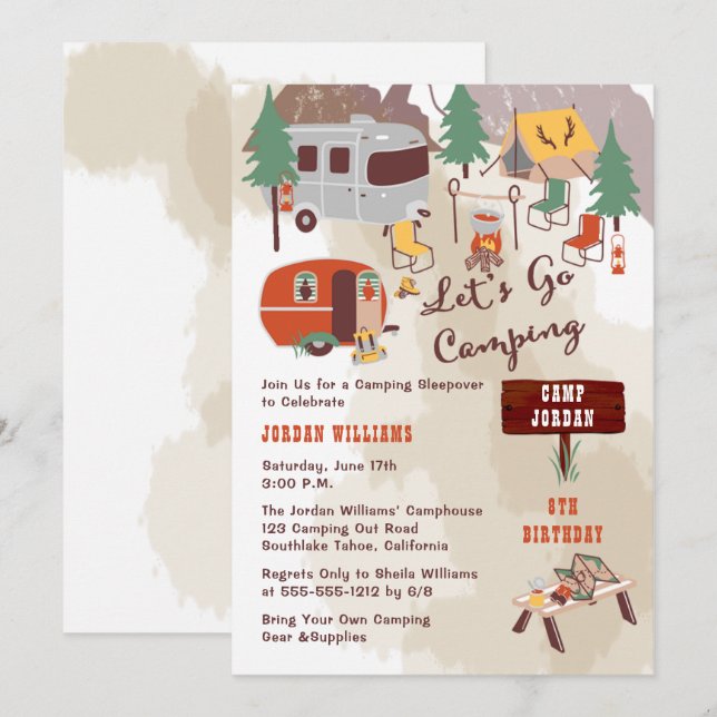 Rustic Woodsy Lets Go Camping Boy Birthday Party Invitation (Front/Back)