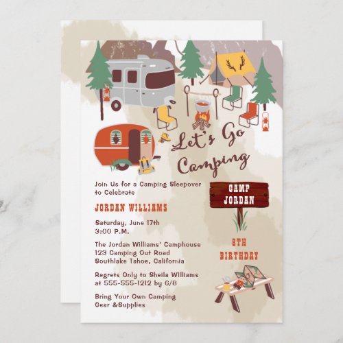 Rustic Woodsy Lets Go Camping Boy Birthday Party Invitation