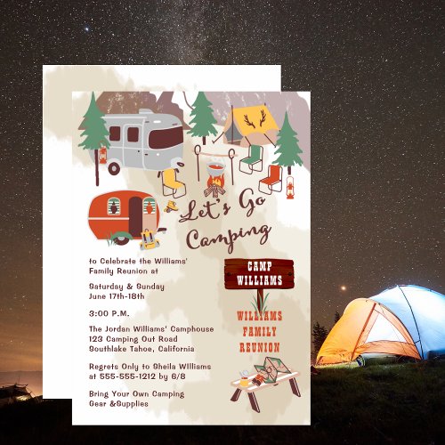 Rustic Woodsy Lets Go Camping Family Reunion Party Invitation