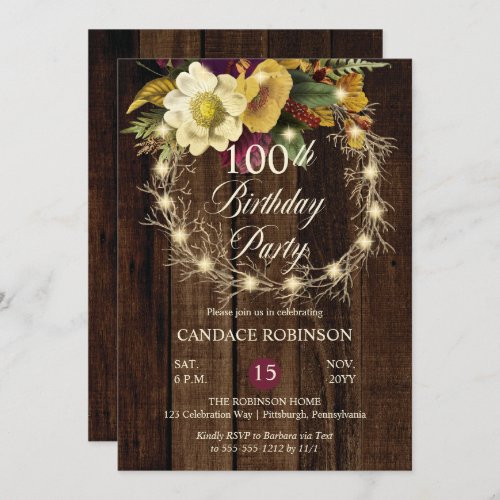 Rustic Woodsy Lighted Wreath 100th Birthday Party  Invitation