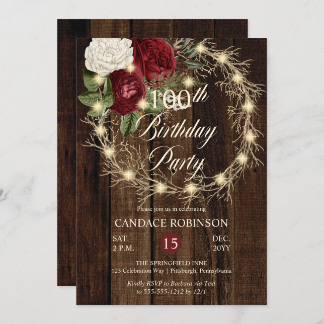 Rustic Woodsy Lighted Wreath 100th Birthday Party Invitation (Front/Back)