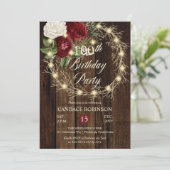 Rustic Woodsy Lighted Wreath 100th Birthday Party Invitation (Standing Front)