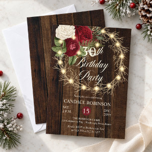 Rustic Woodsy Lighted Wreath 30th Birthday Party Invitation