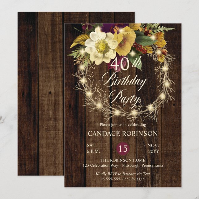 Rustic Woodsy Lighted Wreath 40th Birthday Party Invitation (Front/Back)