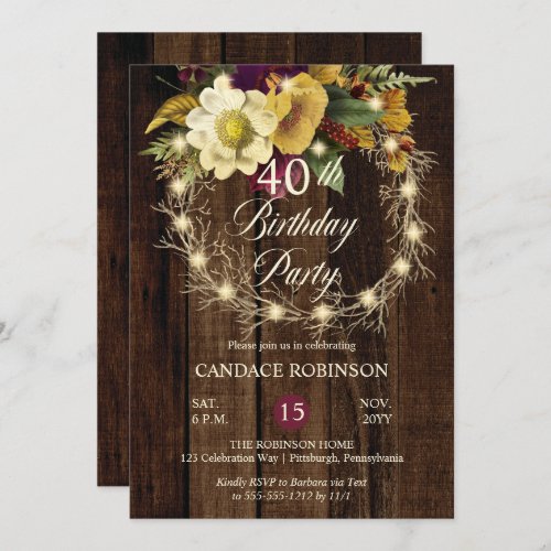 Rustic Woodsy Lighted Wreath 40th Birthday Party Invitation