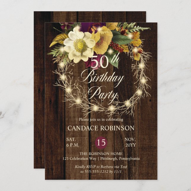 Rustic Woodsy Lighted Wreath 50th Birthday Party Invitation (Front/Back)