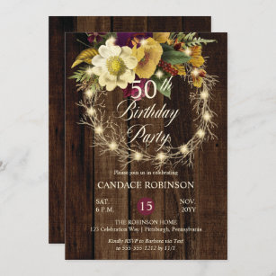 Rustic Woodsy Lighted Wreath 50th Birthday Party Invitation
