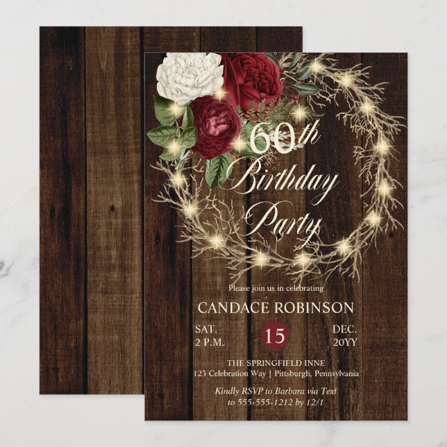 Rustic Woodsy Lighted Wreath 60th Birthday Party  Invitation (Front/Back)