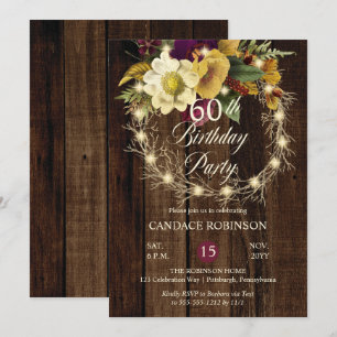 Rustic Woodsy Lighted Wreath 60th Birthday Party Invitation