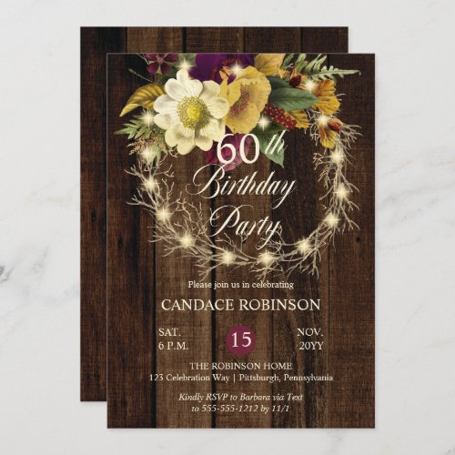 Rustic Woodsy Lighted Wreath 60th Birthday Party Invitation