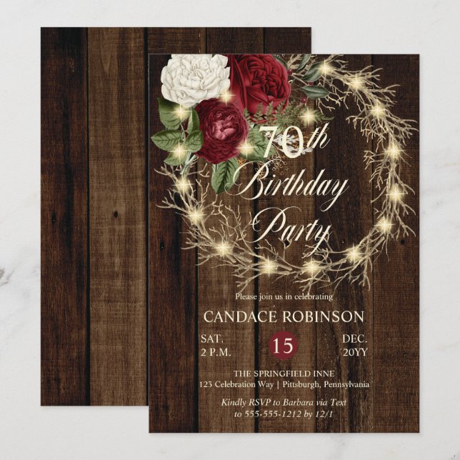 Rustic Woodsy Lighted Wreath 70th Birthday Party Invitation (Front/Back)