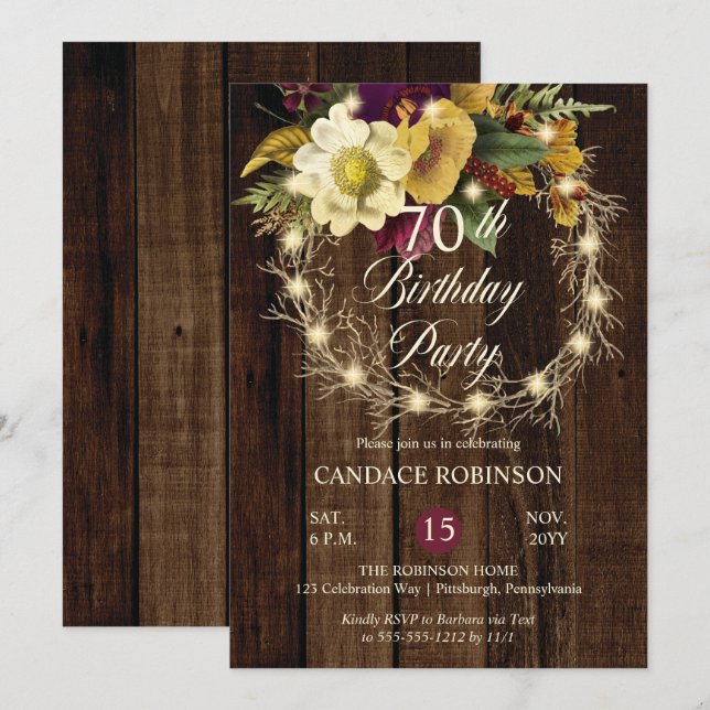 Rustic Woodsy Lighted Wreath 70th Birthday Party Invitation (Front/Back)