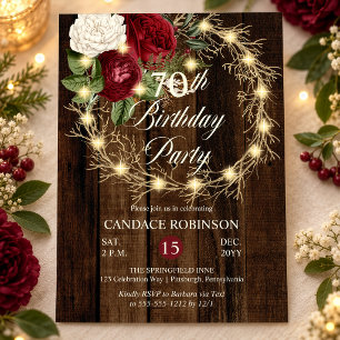 Rustic Woodsy Lighted Wreath 70th Birthday Party Invitation