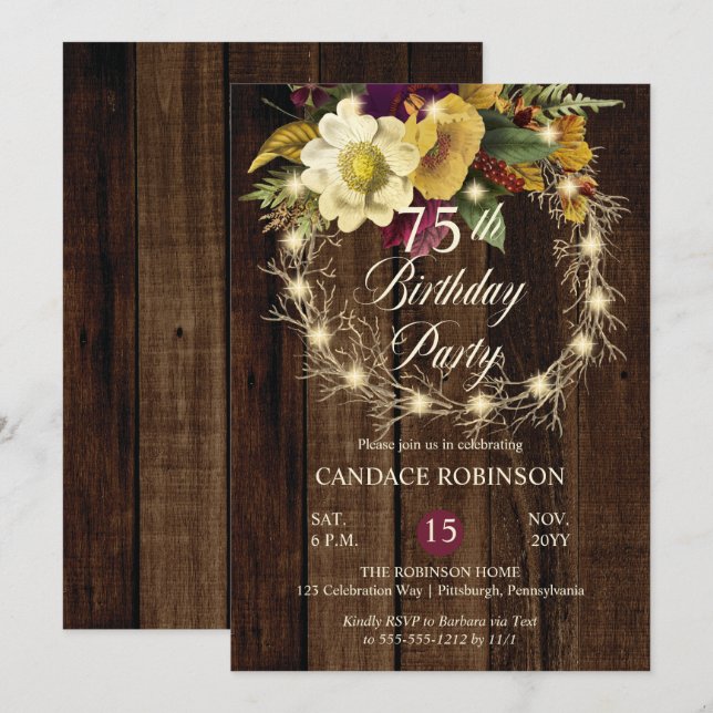 Rustic Woodsy Lighted Wreath 75th Birthday Party I Invitation (Front/Back)