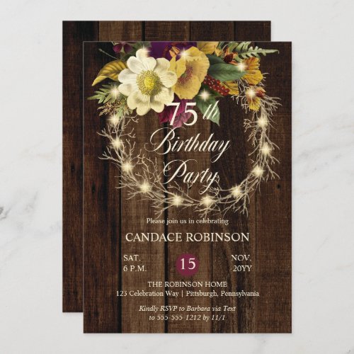 Rustic Woodsy Lighted Wreath 75th Birthday Party I Invitation