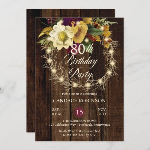 Rustic Woodsy Lighted Wreath 80th Birthday Party Invitation