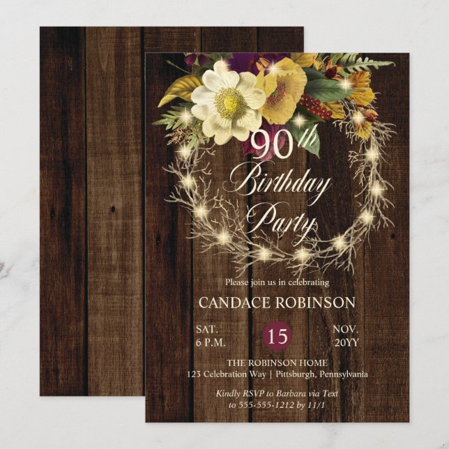 Rustic Woodsy Lighted Wreath 90th Birthday Party I Invitation (Front/Back)