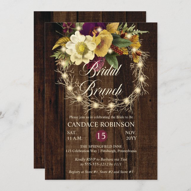 Rustic Woodsy Lighted Wreath Bridal Brunch Invitat Invitation (Front/Back)