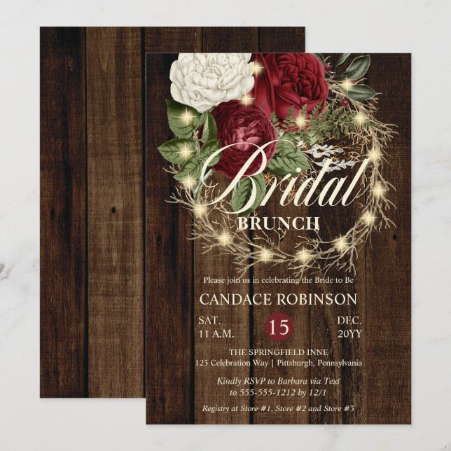 Rustic Woodsy Lighted Wreath Bridal Brunch Invitation (Front/Back)