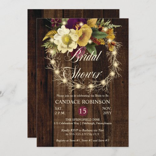 Rustic Woodsy Lighted Wreath Bridal Shower Invitation