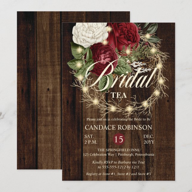 Rustic Woodsy Lighted Wreath Bridal Tea Invitation (Front/Back)