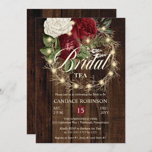 Rustic Woodsy Lighted Wreath Bridal Tea Invitation