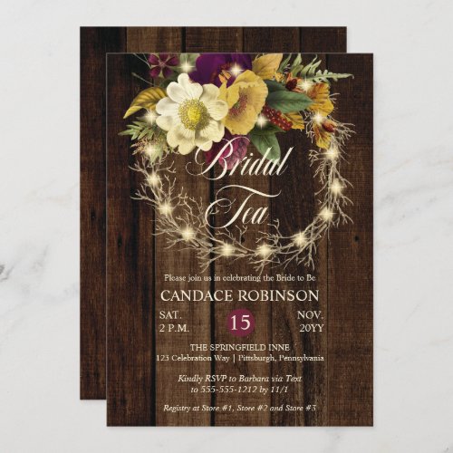 Rustic Woodsy Lighted Wreath Bridal Tea Invitation