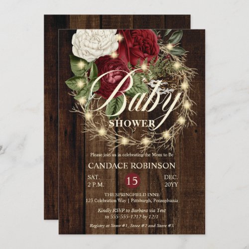 Rustic Woodsy Lighted Wreath Girl Baby Shower Invitation