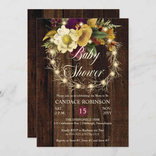 Rustic Woodsy Lighted Wreath Girl Baby Shower Invitation