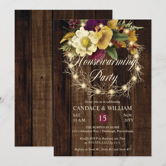 Rustic Woodsy Lighted Wreath Housewarming Party Invitation (Front/Back)