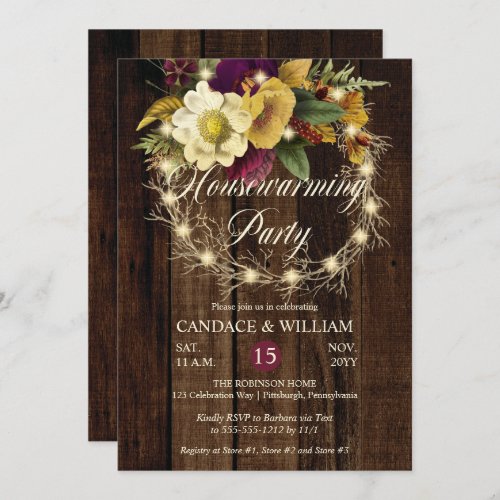 Rustic Woodsy Lighted Wreath Housewarming Party Invitation