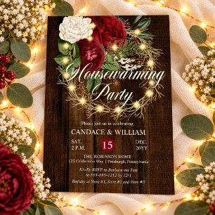 Rustic Woodsy Lighted Wreath Housewarming Party Invitation