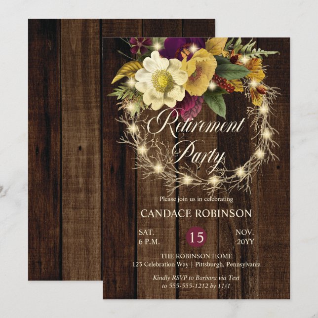 Rustic Woodsy Lighted Wreath Retirement Party Invitation (Front/Back)
