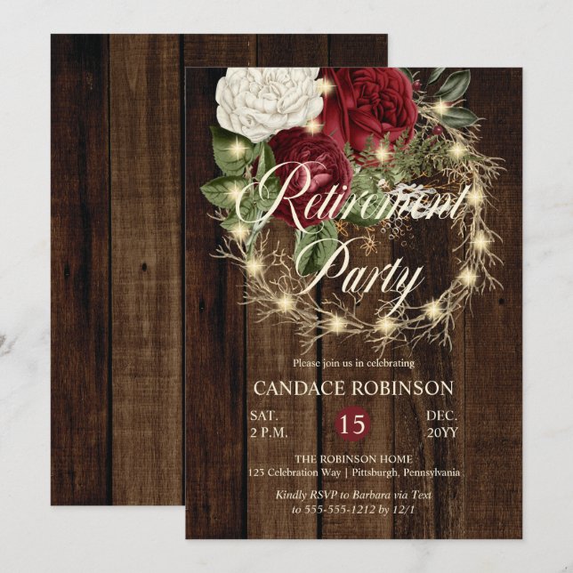 Rustic Woodsy Lighted Wreath Retirement Party Invitation (Front/Back)