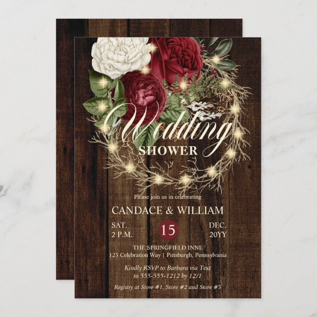 Rustic Woodsy Lighted Wreath Wedding Shower Invitation (Front/Back)