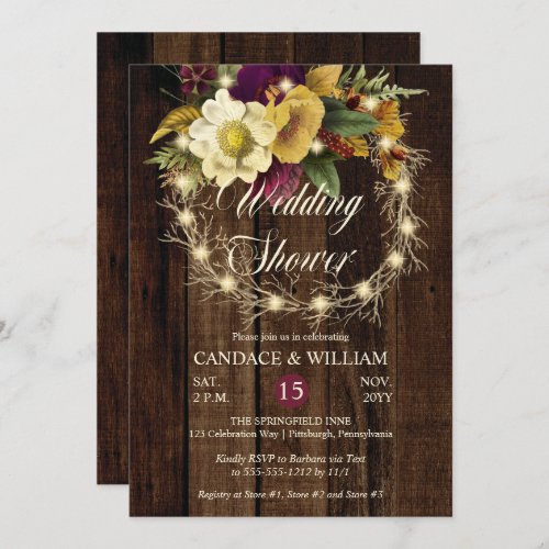 Rustic Woodsy Lighted Wreath Wedding Shower Invitation