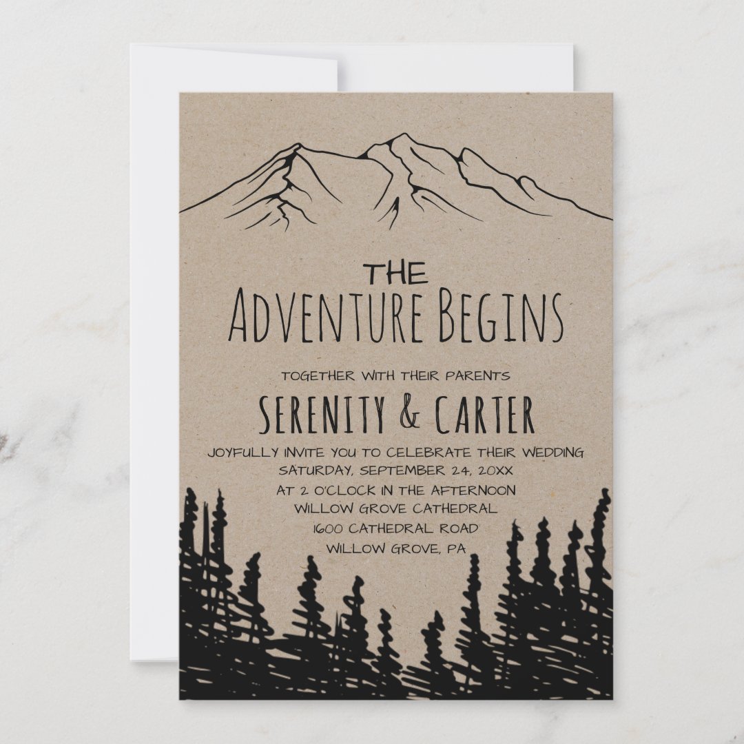 Rustic Woodsy Mountain Adventure Begins Wedding Invitation | Zazzle