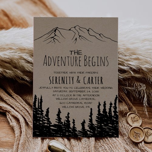 Rustic Woodsy Mountain Adventure Begins Wedding Invitation