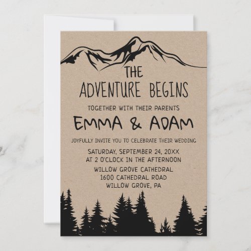 Rustic Woodsy Mountain Adventure Begins Wedding Invitation