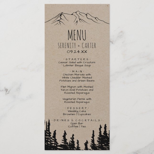 Rustic Woodsy Mountain Dinner Menu Card (Front)