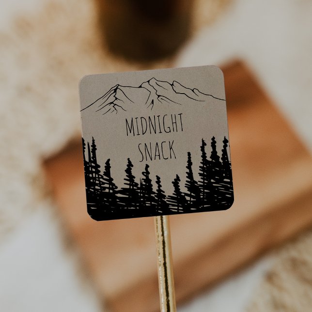 Rustic Woodsy Mountain Midnight Snack Favor Square Sticker (Creator Uploaded)