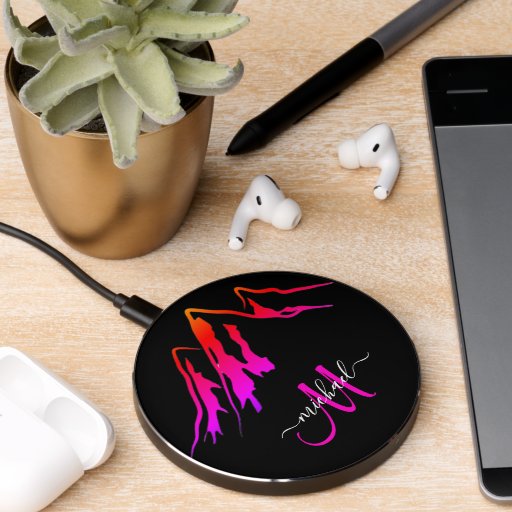 Rustic Woodsy Mountain Monogram Initial Pink Black Wireless Charger