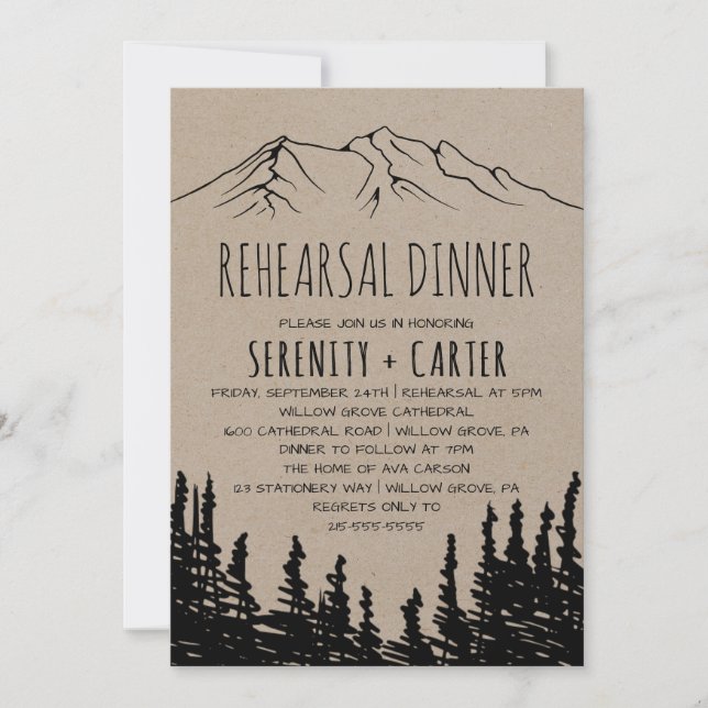 Rustic Woodsy Mountain Rehearsal Dinner Invitation (Front)