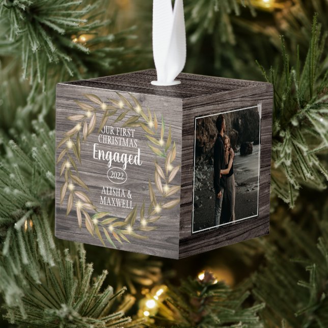 Rustic Woodsy Our First Christmas Engaged 3 Photo  Cube Ornament (Tree)