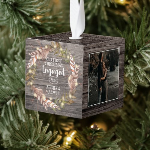 Rustic Woodsy Our First Christmas Engaged 3 Photo Cube Ornament