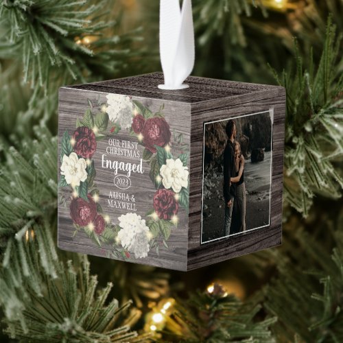 Rustic Woodsy Our First Christmas Engaged 3 Photo Cube Ornament