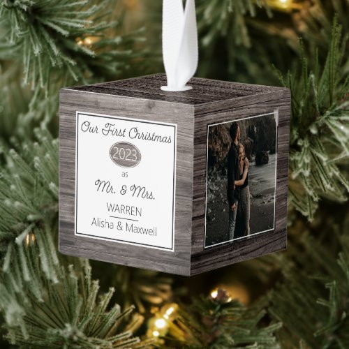 Rustic Woodsy Our First Christmas Mr Mrs  3 Photo Cube Ornament