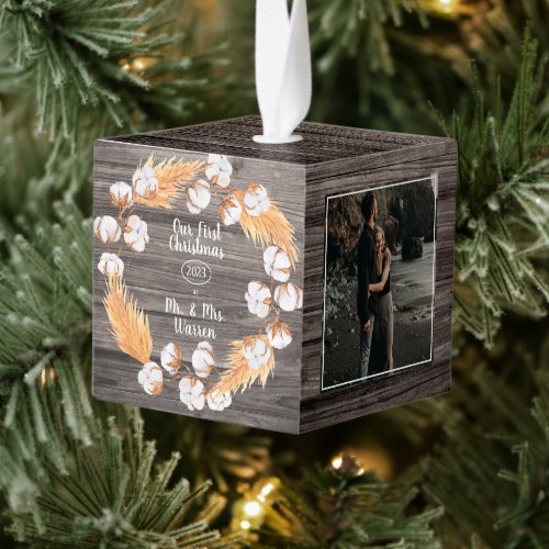 Rustic Woodsy Our First Christmas Mr Mrs  3 Photo Cube Ornament