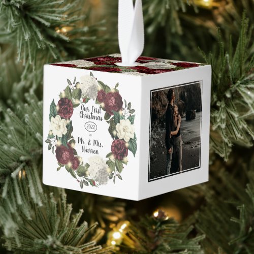 Rustic Woodsy Our First Christmas Mr Mrs  3 Photo Cube Ornament